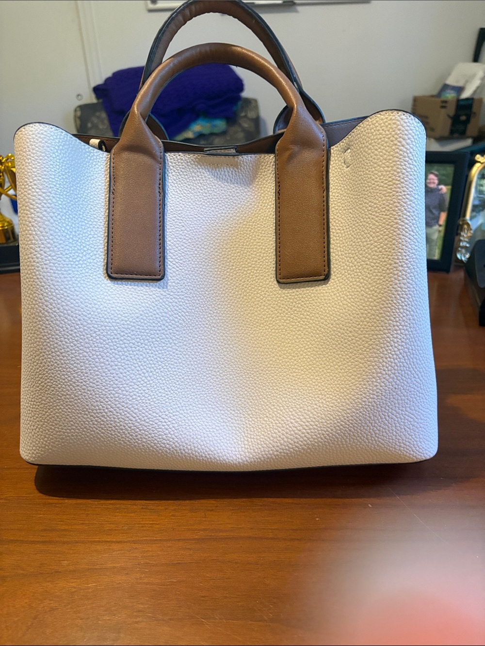 T.J.Maxx Cream Tote with Brown Handles